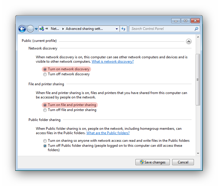 ویندوز 7 - Control Panel - Advanced sharing settings