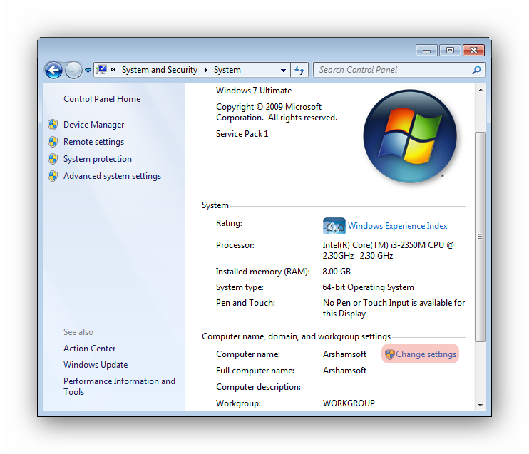ویندوز 7 - Control Panel - System - Change settings