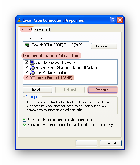 ویندوز XP - Network Connections Properties