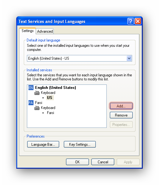 ویندوز XP - text services and input languages